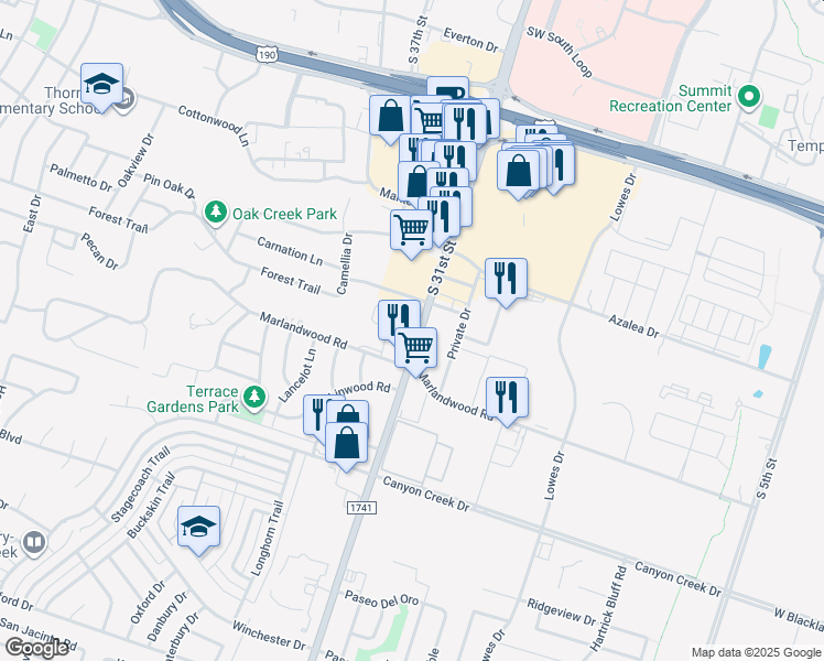 map of restaurants, bars, coffee shops, grocery stores, and more near 3608 South 31st Street in Temple