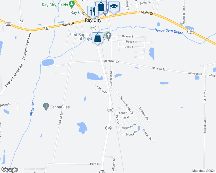 map of restaurants, bars, coffee shops, grocery stores, and more near 579 Patton Avenue in Ray City