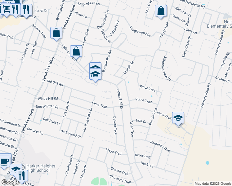 map of restaurants, bars, coffee shops, grocery stores, and more near 1501 Dakota Trce in Harker Heights