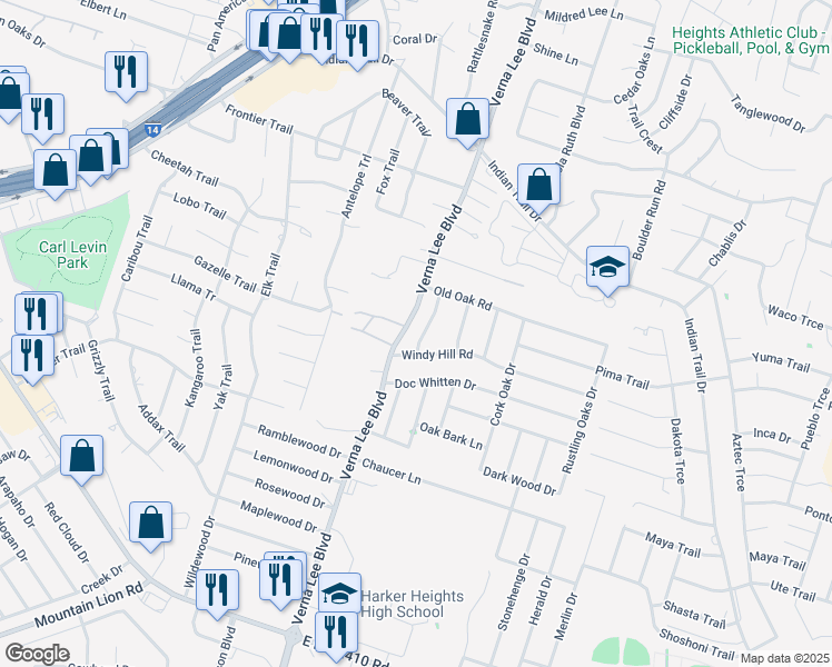 map of restaurants, bars, coffee shops, grocery stores, and more near 2010 Shadow Ridge Road in Harker Heights