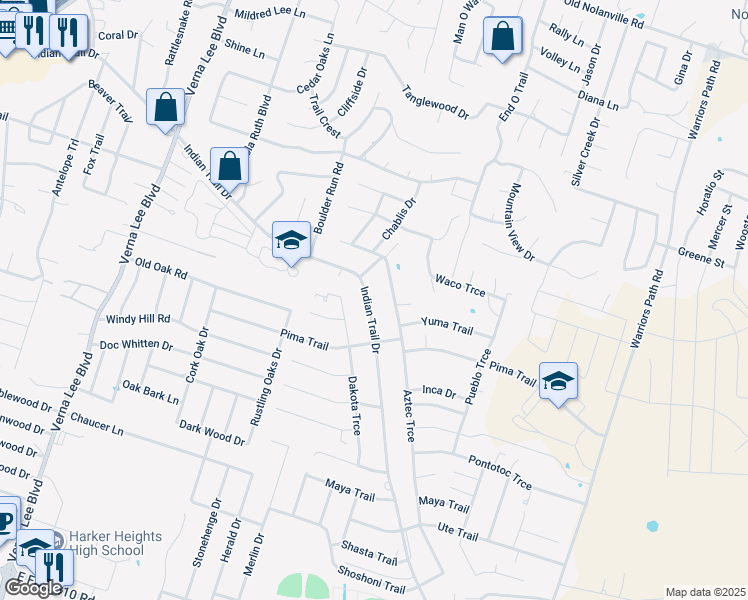 map of restaurants, bars, coffee shops, grocery stores, and more near 1509 Indian Trail in Harker Heights