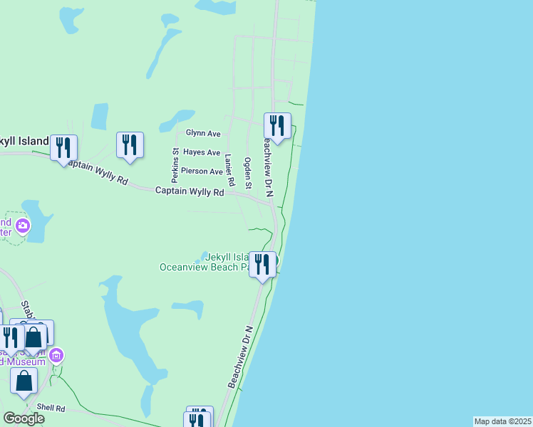 map of restaurants, bars, coffee shops, grocery stores, and more near 696 Beachview Drive North in Jekyll Island