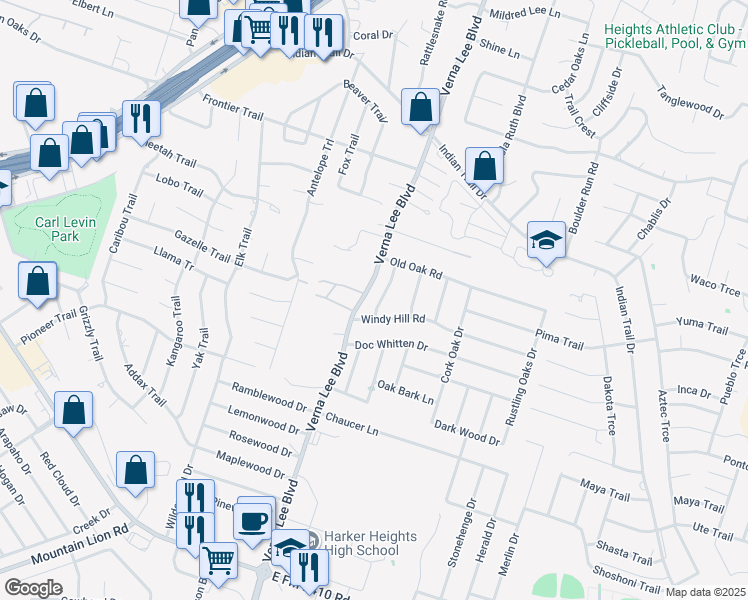 map of restaurants, bars, coffee shops, grocery stores, and more near 2010 Shadow Ridge Road in Harker Heights