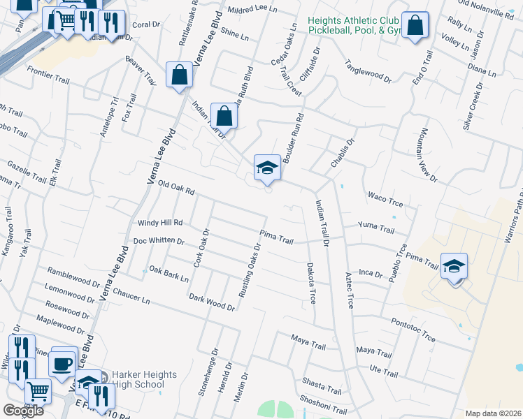 map of restaurants, bars, coffee shops, grocery stores, and more near 1201 Old Oak Road in Harker Heights