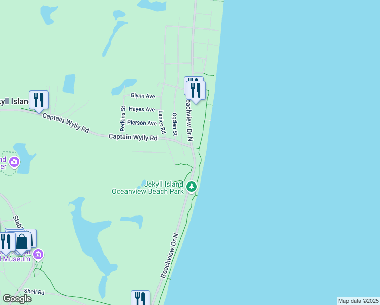 map of restaurants, bars, coffee shops, grocery stores, and more near 696 Beachview Drive North in Jekyll Island