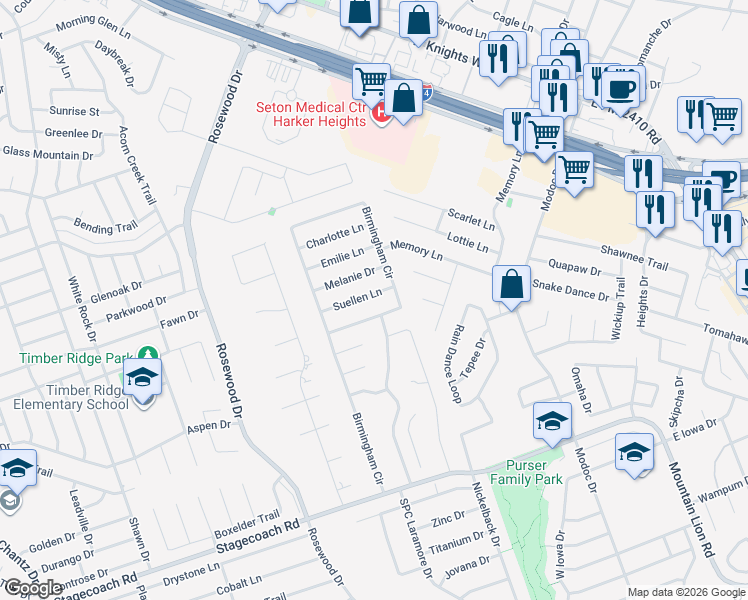 map of restaurants, bars, coffee shops, grocery stores, and more near 6206 Suellen Lane in Killeen