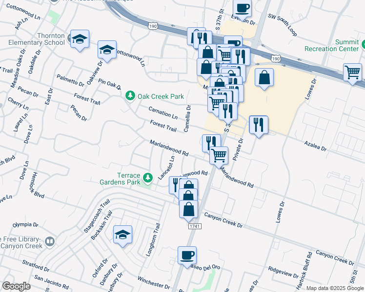 map of restaurants, bars, coffee shops, grocery stores, and more near 3517 Camellia Drive in Temple