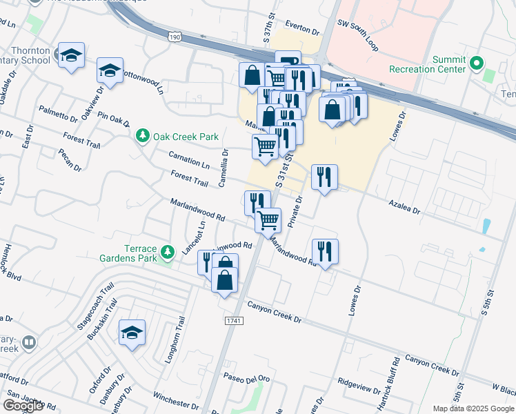 map of restaurants, bars, coffee shops, grocery stores, and more near 3608 South 31st Street in Temple