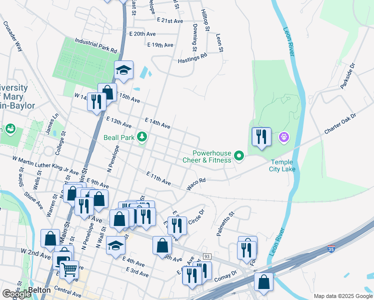 map of restaurants, bars, coffee shops, grocery stores, and more near 603 East 13th Avenue in Belton