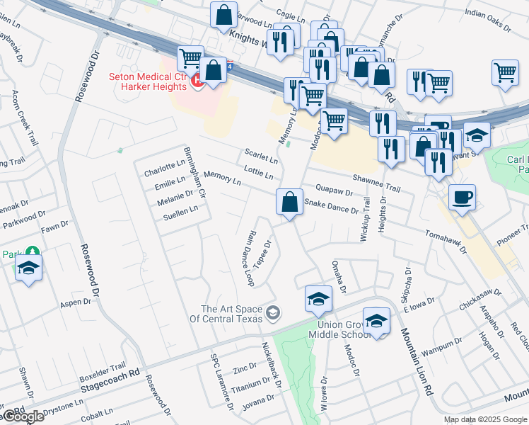 map of restaurants, bars, coffee shops, grocery stores, and more near 3055 Rain Dance Loop in Harker Heights