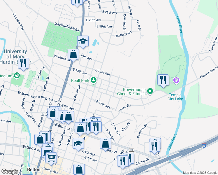 map of restaurants, bars, coffee shops, grocery stores, and more near 1209 North Blair Street in Belton