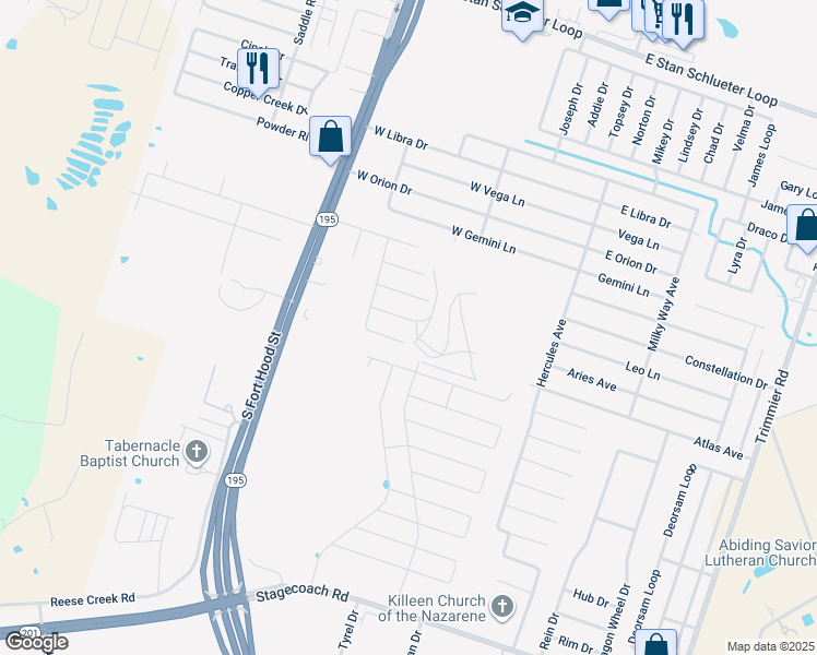 map of restaurants, bars, coffee shops, grocery stores, and more near 406 Abu Bakar Drive in Killeen