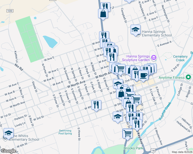 map of restaurants, bars, coffee shops, grocery stores, and more near 401 W North Ave in Lampasas