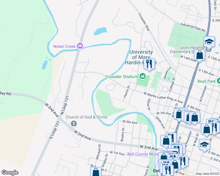 map of restaurants, bars, coffee shops, grocery stores, and more near 1003 West Martin Luther King Junior Avenue in Belton