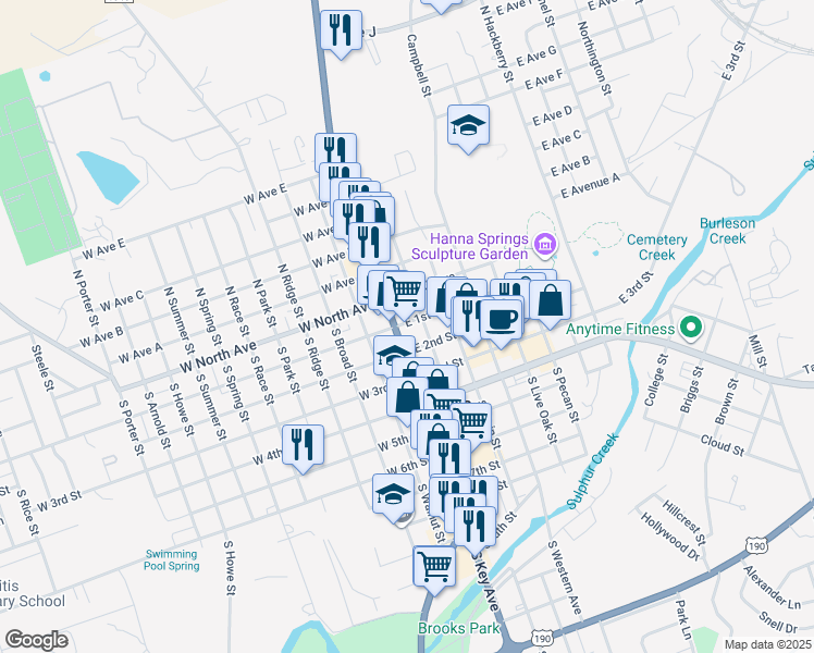map of restaurants, bars, coffee shops, grocery stores, and more near 201 South Key Avenue in Lampasas
