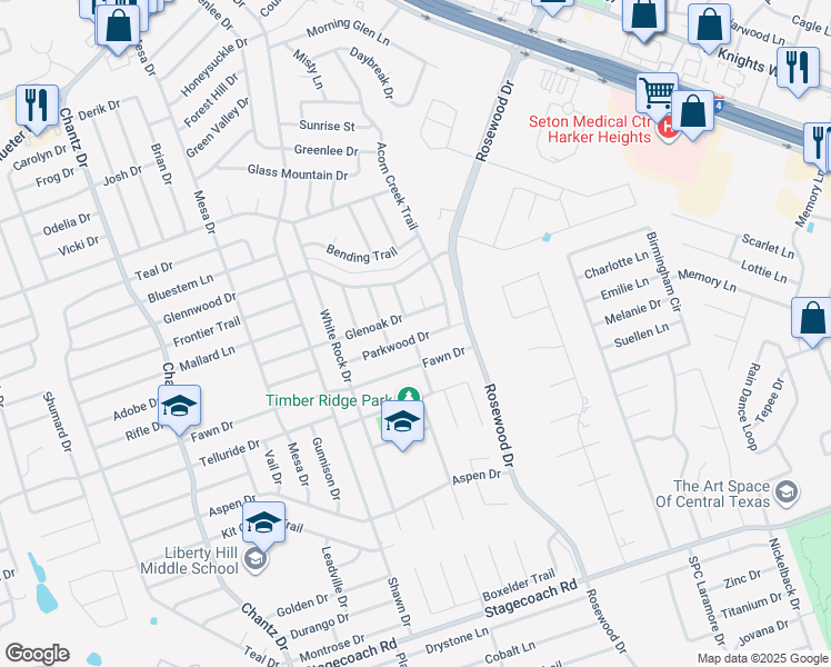 map of restaurants, bars, coffee shops, grocery stores, and more near 5009 Parkwood Drive in Killeen
