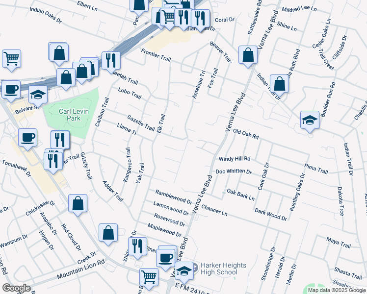 map of restaurants, bars, coffee shops, grocery stores, and more near 2108 2nd in Harker Heights