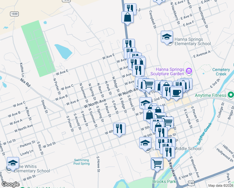 map of restaurants, bars, coffee shops, grocery stores, and more near 401 West North Avenue in Lampasas
