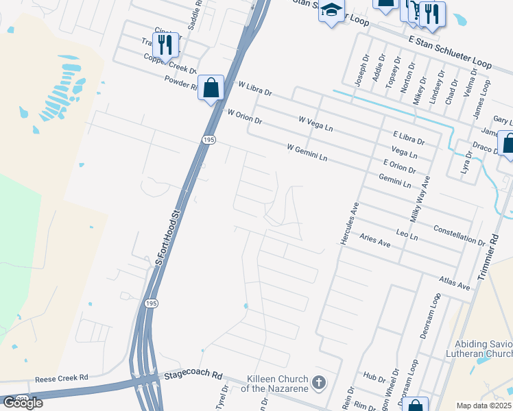 map of restaurants, bars, coffee shops, grocery stores, and more near 406 Abu Bakar Drive in Killeen