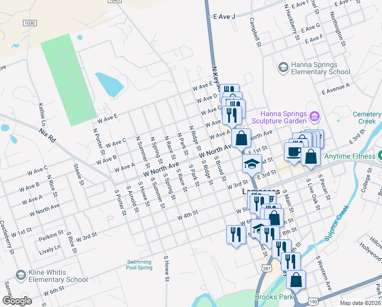 map of restaurants, bars, coffee shops, grocery stores, and more near 401 West North Avenue in Lampasas