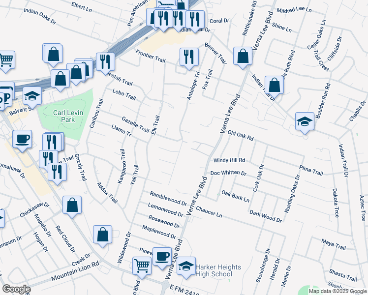 map of restaurants, bars, coffee shops, grocery stores, and more near 2108 2nd in Harker Heights