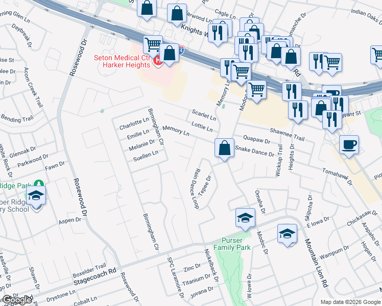 map of restaurants, bars, coffee shops, grocery stores, and more near 160 Caroline Court in Harker Heights