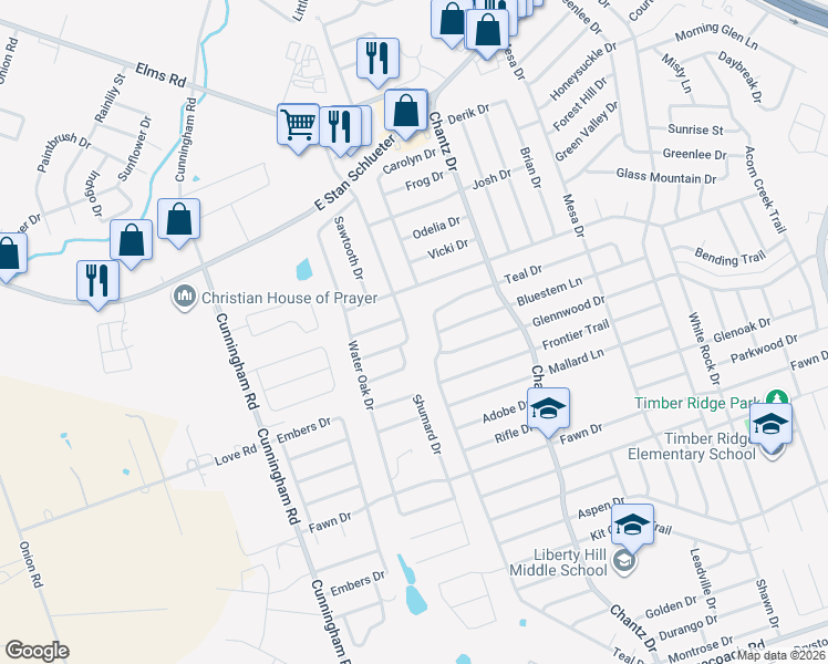 map of restaurants, bars, coffee shops, grocery stores, and more near 3827 Oak Valley Drive in Killeen