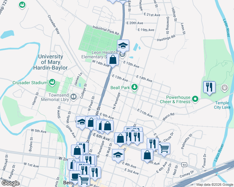 map of restaurants, bars, coffee shops, grocery stores, and more near 1124 North Penelope Street in Belton