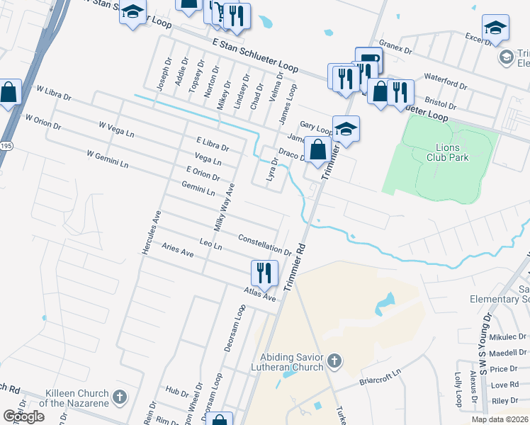 map of restaurants, bars, coffee shops, grocery stores, and more near 610 Perseus in Killeen