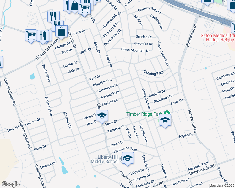 map of restaurants, bars, coffee shops, grocery stores, and more near 4608 Frontier Trail in Killeen