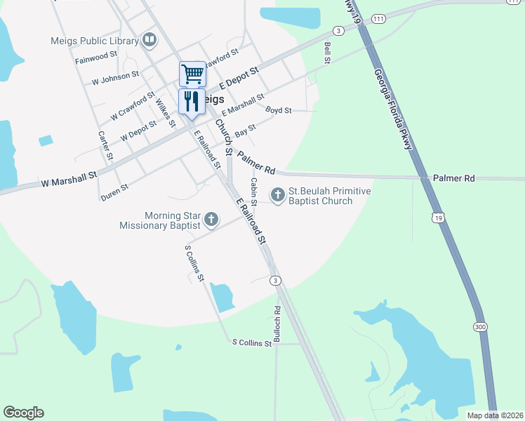 map of restaurants, bars, coffee shops, grocery stores, and more near 3042 Vine Street in Meigs