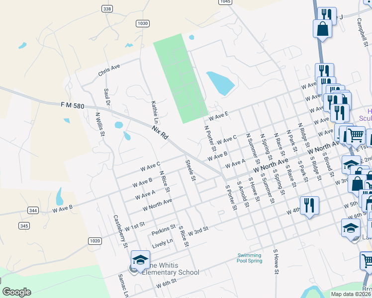 map of restaurants, bars, coffee shops, grocery stores, and more near 1129 Nix Road in Lampasas