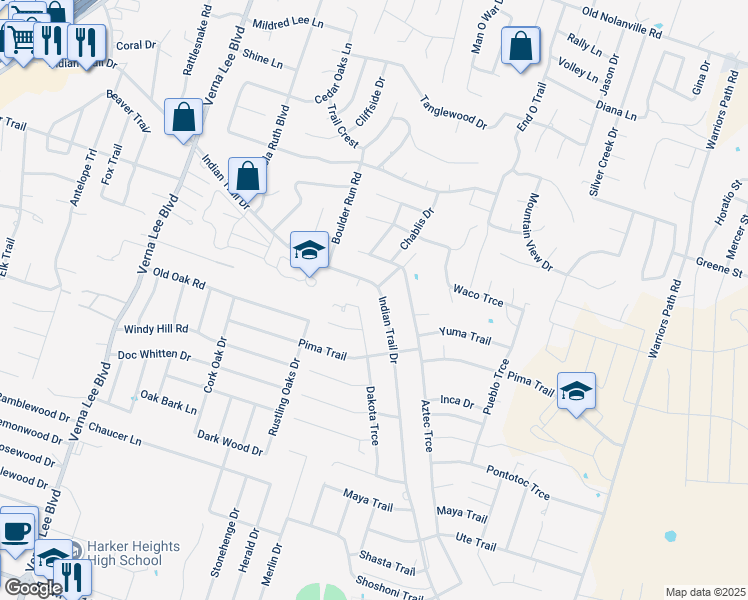 map of restaurants, bars, coffee shops, grocery stores, and more near 1501 Dakota Trce in Harker Heights