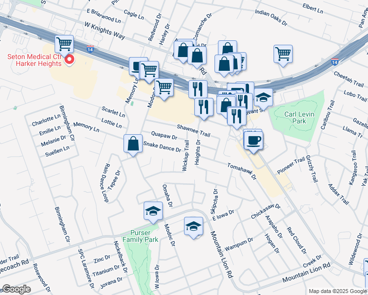 map of restaurants, bars, coffee shops, grocery stores, and more near 131 Snake Dance Drive in Harker Heights