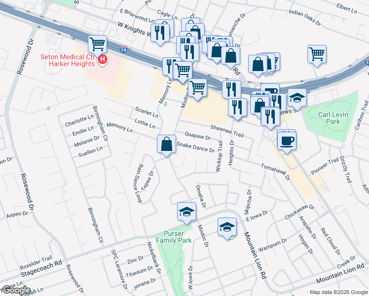 map of restaurants, bars, coffee shops, grocery stores, and more near 108 Snake Dance Drive in Harker Heights