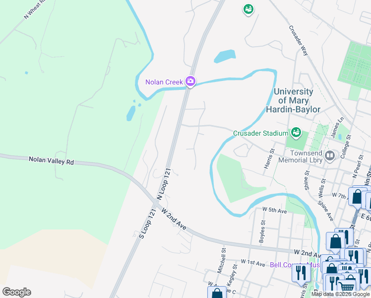 map of restaurants, bars, coffee shops, grocery stores, and more near 2516 Nelms Drive in Belton