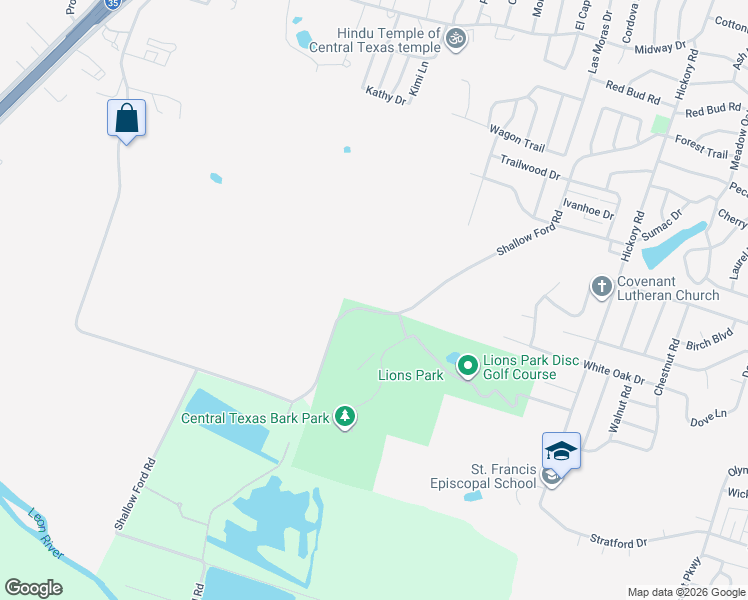 map of restaurants, bars, coffee shops, grocery stores, and more near 4500-4898 Shallow Ford Road in Temple