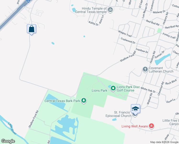 map of restaurants, bars, coffee shops, grocery stores, and more near 4500-4898 Shallow Ford Road in Temple