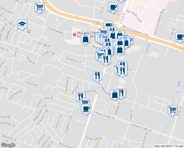 map of restaurants, bars, coffee shops, grocery stores, and more near 3610 South 31st Street in Temple