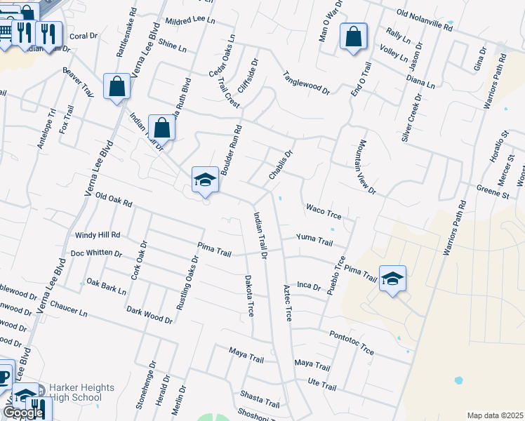 map of restaurants, bars, coffee shops, grocery stores, and more near 1502 Aztec Trce in Harker Heights