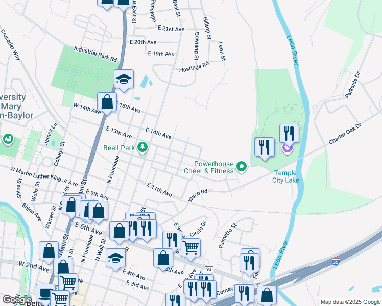 map of restaurants, bars, coffee shops, grocery stores, and more near 603 East 13th Avenue in Belton