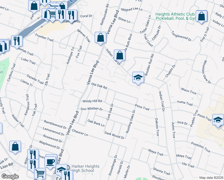 map of restaurants, bars, coffee shops, grocery stores, and more near 1201 Old Oak Road in Harker Heights