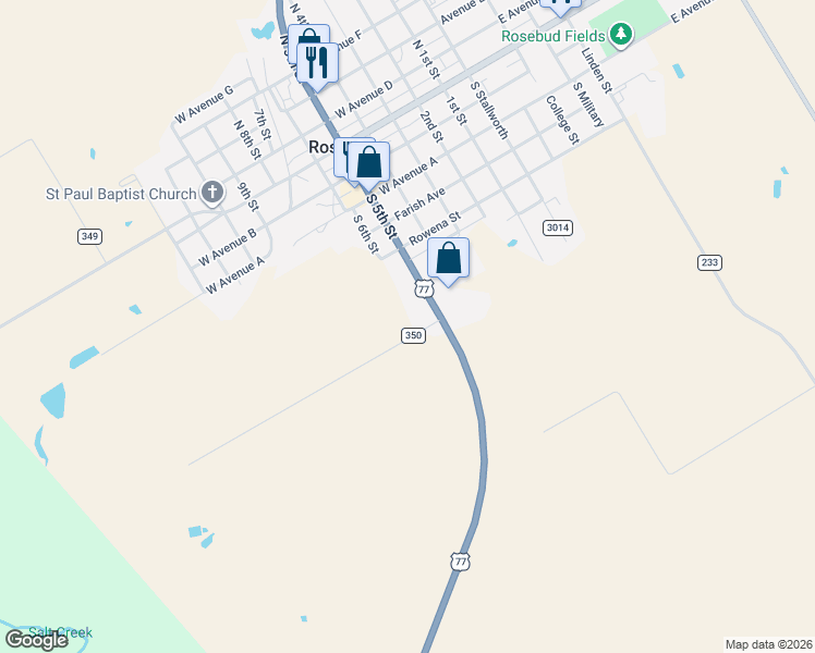map of restaurants, bars, coffee shops, grocery stores, and more near County Road 350 in Rosebud