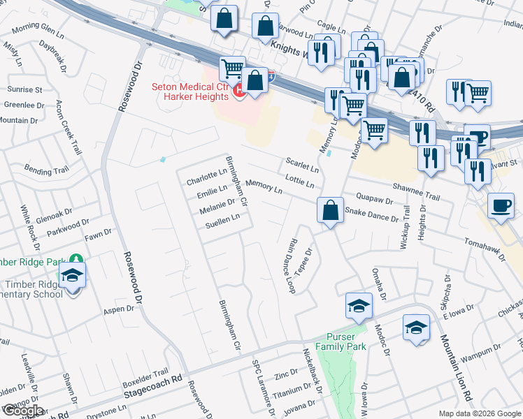 map of restaurants, bars, coffee shops, grocery stores, and more near 5608 Birmingham Circle in Killeen