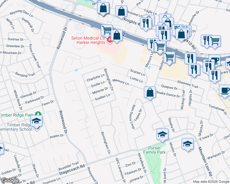 map of restaurants, bars, coffee shops, grocery stores, and more near 5608 Birmingham Circle in Killeen