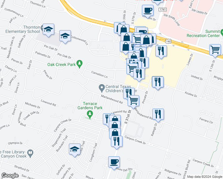 map of restaurants, bars, coffee shops, grocery stores, and more near 3517 Camellia Drive in Temple