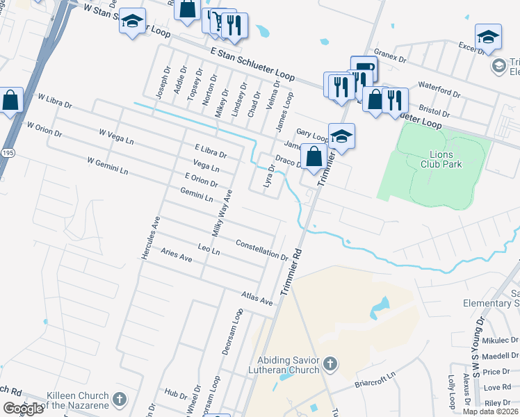map of restaurants, bars, coffee shops, grocery stores, and more near 610 Perseus in Killeen