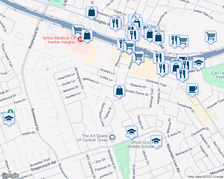 map of restaurants, bars, coffee shops, grocery stores, and more near 3055 Rain Dance Loop in Harker Heights
