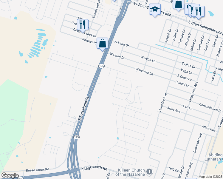 map of restaurants, bars, coffee shops, grocery stores, and more near 505 Medina Drive in Killeen
