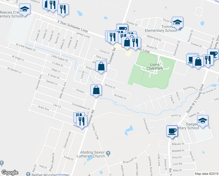 map of restaurants, bars, coffee shops, grocery stores, and more near 1605 Nicholas Circle in Killeen